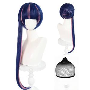 lot 2123 image: ANOGOL Hair CapStocking Wig with Bangs and Bun for Women Stocking Cosplay Blue Wigs Blue Pink Hair Bun Updo Wigs Blue and Pink Anime Wig Halloween Party