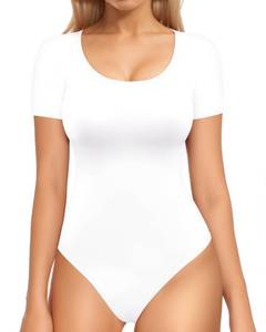lot 2131 image: MANGOPOP Double Lined Short Sleeve Bodysuits for Women Scoop Neck Thong Bodysuit Tops Seamless L