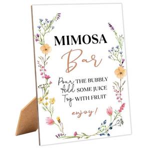 lot 2149 image: Boho Wildflowers Bridal Shower Mimosa Bar Sign, Table Decor Bridal Shower Sign, Pack of 1 Wooden Tabletop Sign with Stand, Bridal Shower Decorations, Wedding Shower Supplies - XG04