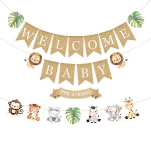 lot 2173 image: Weecent Pre-Strung 6ft Burlap Welcome Baby Banner for Safari Baby Shower Decorations Neutral Jungle Animals Gender Reveal Party Decor