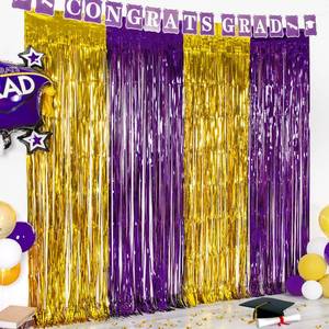 lot 2174 image: LOLStar 4 Pack Purple and Gold Foil Fringe Curtain 3.3x6.6 ft,Graduation Party Decorations 2025, Tinsel Curtain,Graduation Photo Booth Prop Streamer Backdrop for High School College University Party