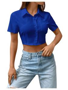 lot 2186 image: SHENHE Womens Short Sleeve Button Up Shirt Casual Collared Cropped Button Down Top Royal Blue M