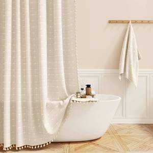 lot 2188 image: BTTN 78 Inch Long Shower Curtain - Boho Farmhouse Linen Ultra Thick Fabric Shower Curtain Set with Plastic Hooks, Tall Rustic Modern Country Neutral Shower Curtains for Bathroom - CreamBeige - 72x78