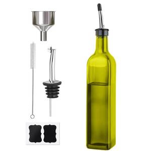 lot 2202 image: WEILAIDI Green Olive Oil Dispenser Bottle, 1 Pcs Green Glass Oil and Vinegar Dispenser Set with 2 Stainless Steel Pourers, 2 Labels,1 Brush and 1 Funnel Oil Bottles for Kitchen��17oz500ml��