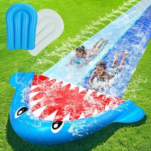 lot 2207 image: TOY Life Giant Shark Water Slides for Kids 20Ft Waterslide Backyards Lawn with 2 Bodyboards, 2 Lane Slip Splash and Slide Summer Toys with Built-in Sprinkler for Backyard Outdoor Shark Water Toys Fun