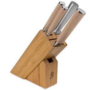 lot 2213 image: Shun Classic Blonde 5 Piece Starter Block Set, Includes 8 Chef, 3.5 Paring & 6 Utility Knives, Handcrafted Japanese Knife Block Set, Damascus Stainless Steel Cladding, Pakkawood Handle