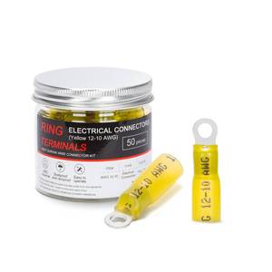 lot 2215 image: HKS 50 PCS Ring Terminals #8 Yellow 12-10 AWG - M4 - Electrical Connectors - Heat Shrink Wire Connector Kit - Tinned Red Copper - Automotive Marine Ring Connectors - Waterproof and Insulated