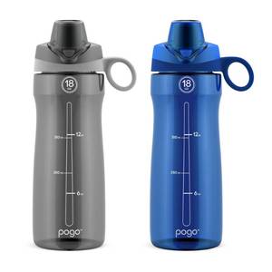 lot 2224 image: Pogo 18oz Plastic Water Bottle with Chug Lid and Carry Handle, BPA Free, Dishwasher Safe,Perfect for Travel, School, Outdoors, and Gym, 2 Pack, GreyBlue