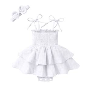 lot 2227 image: YOUNGER TREE Baby Girl Clothes Infant Summer Romper Dress Sleeveless Bodysuit Jumpsuit with Headband Toddler Outfits (White, 0-3 Months)