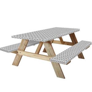 lot 2236 image: KENOBEE 7ft Picnic Table and Bench Cover, Camping Essentials RV Gear, 84 in Waterproof Windproof Outdoor Elastic All Around Tablecloth, Fitted Rectangle Tables and Seats, Gray-White Moroccan