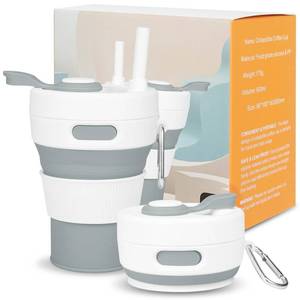 lot 2274 image: QJJIPP Collapsible Travel Cup - Cashmere Gray,16oz450ml��Leak-Proof Reusable To-Go Pocket Size Silicone Bottle for Hot & Cold Drinks - Camping & Hiking - Dishwasher Safe- Straw included