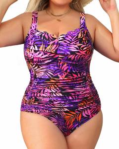 lot 2301 image: Aqua Eve Womens Plus Size One Piece Swimsuit- Tummy Control Bathing Suit Full Coverage Swimwear Purple Pink Leaves 18W