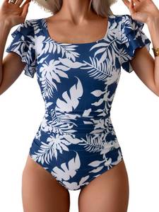 lot 2316 image: Eomenie Womens Tummy Control One Piece Swimsuit Ruffle Square Neck Bathing Suit Ruched Cutout Back Slimming Swimwear
