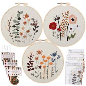 lot 2350 image: Uphome 3 Pack Embroidery Starter Kit for Beginners Stamped Cross Stitch Kits with Cute Flowers and Plants Patterns with 1 Embroidery Hoop and Color Threads for Adults Kids