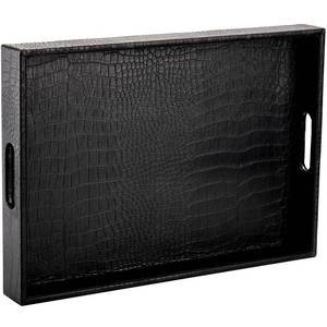 lot 3564 image: Lyellfe Black Serving Tray with Handles, Decorative Ottoman Tray in Alligator Faux Leather, 17x12 Inch Rectangular for Coffee Table, Living Room, Bed or Dressing Table