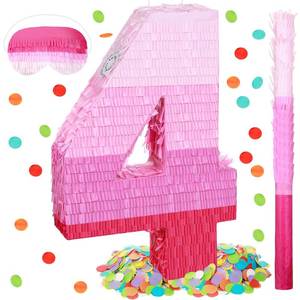 lot 3569 image: Sratte Number Pi�ata Pink Pi�ata Birthday Decorations Gradient with Stick Blindfold Confetti for Girls Boys Birthday Anniversary Party Decorations Supplies(Number 4)