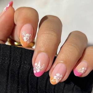 lot 4257 image: Pink Orange French tips Press on Nails Medium Almond Fake Nails with Design White Flower Glue on Nails Glossy Spring Nails Reusable Summer False Nails for Women Girls Manicure 24pcs