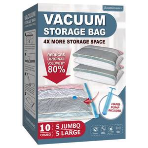 lot 5295 image: A10 Pack Vacuum Storage Bags with Pump, 5 Jumbo and 5 Large Space Saver Vacuum Storage Bags, Vacuum Seal Bags for Clothing, Comfoters, Pillows, Blanket, Bedding