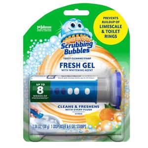 lot 6334 image: Scrubbing Bubbles Fresh Gel Toilet Bowl Cleaning Stamps, Helps Keep Toilet Clean and Helps Prevent Limescale & Rings, Citrus Scent, 1 Dispenser with 6 Fresh Gel Stamps