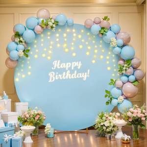 lot 6339 image: 6.6 FT Baby Blue Round Backdrop Cover with Lights String for Circle Arch Stand, Circle Backdrop Covers with LED Fairy Lights for Wedding Baby Shower Boy Birthday Party Photo Shoot Background