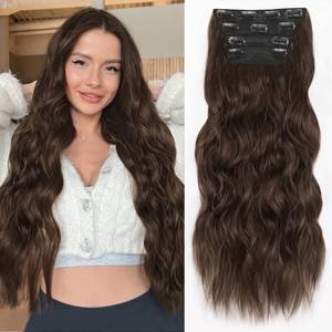 lot 6341 image: ALXNAN Clip in Hair Extensions for Women,Chocolate Brown with Dark Brown Long Wavy Hair Extensions Clip Ins 4PCS 24 Inch Synthetic Soft and Natural Thick Hair Pieces for Women