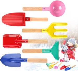 lot 9516 image: UMUACCAN 6 Piece Kids Beach Tools,Children Beach Sand Toys, Made of Metal with Sturdy Wooden Handle,Safe Beach Gardening Set,Spoon, Fork, Trowel, Rake & Shovel for Kids