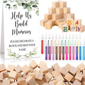 lot 9534 image: Dinifee 125 Pcs Baby Shower Decorate a Block Game Set Includes Help Us Build Memories Sign 100 DIY Blank Wooden Block 24 Paint Marker Prize for Wedding Baby Shower Game(Leaves)