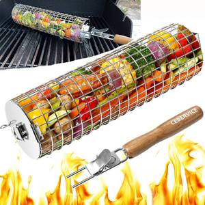 lot 9535 image: CEBERVICE Rolling Grilling Baskets for Outdoor Grill, Thickened SUS304 Stainless Steel, REMOVABLE HANDLE, Round Cylinder BBQ Grill Basket for Veggies Fish Meat, Barbeque Griller Accessories Gifts for Men Dad