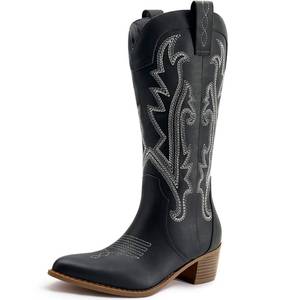 lot 9544 image: Athlefit Cowboy Boots for Women Western Cowgirl Boots Fashion Embroidered Pointed Toe Chunky Heel Black Mid Calf Boots Size 8