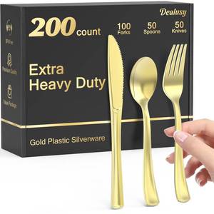 lot 9565 image: Dealusy 200 Count Heavy Duty Gold Plastic Silverware, 100 Forks, 50 Spoons, 50 Knives, BPA-Free, Heat Resistant, Disposable Plastic Utensils Set Cutlery Set, Plasticware Bulk