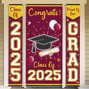 lot 10268 image: Maroon and Gold Graduation Porch Sign Decorations Calss Of 2025 3Pcs Maroon Congrats Grad Banner  Graduation Banner  Hanging Flag Grad Party Supplies for School College Classroom Decor