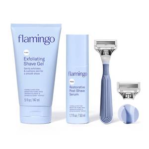 lot 10271 image: Flamingo Pubic Hair Razor for Women, Shaving Kit, 1 Razor, Exfoliating Shaving Gel 5 fl oz - Restorative Post Shave Serum 1.7 fl oz, Starter Set, Full Kit