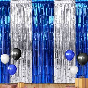 lot 10285 image: 3Pack 3.3Ft x 6.6Ft Graduation Foil Fringe Curtain Backdrop Decorations, Blue Silver Metallic Tinsel Foil Streamers Curtain Photo Booth Background for Graduation Prom Wedding Birthday Party Decoration