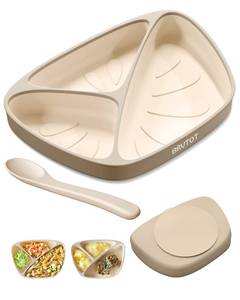 lot 10298 image: Qyeejong Strong Suction Plates for Baby & Toddler Non-Slip, BPA Free Silicone Divided Baby Plate with Suction and Spoon Set, Toddlers Dinner Dishes Microwave & Dishwasher Safe