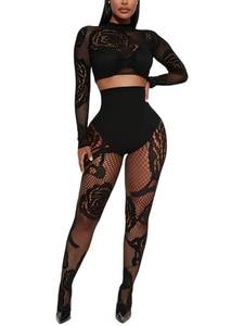 lot 10309 image: Dewinya Womens Sexy Fishnet Seamless 2 Piece Outfits Mock Neck Long Sleeve Crop Top Legging Set Club Lingerie Sets Black OS