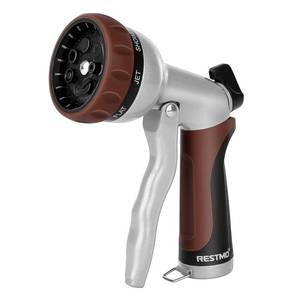 lot 10310 image: RESTMO Garden Hose Nozzle, Heavy Duty Metal Water Hose Nozzle with 7 Adjustable Spray Patterns, High Pressure Hand Sprayer with Flow Control, Best for Watering Plant & Lawn, Washing Car & Pet, Brown