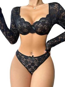 lot 10312 image: Lilosy Sexy Bow Long Sleeve Floral Lace Mesh Sheer Underwire Push Up Lingerie Set Women See Through Top Panty 2 Piece Black X-Large