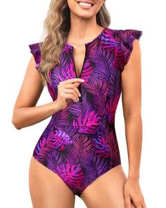 lot 10318 image: Tempt Me Purple Leaf One Piece Swimsuits for Women Zip Front Rash Guard Short Sleeve Tummy Control Surfing Sport Bathing Suits Small