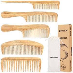 lot 10322 image: 5 Pcs Natural Handmade Bamboo Anti-Static Combs Set - Wide Tooth, Rat Tail and Fine Tooth for Long, Short, Thick, Thin, Wavy or Curly Hair Detangling (Natural)