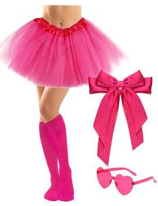 lot 10329 image: 4 Pcs Accessories for Women Tutu for Women Adults 3 Layers Tulle Tutu with Hair Bow Heart Sunglasses Knee High Socks (Hot Pink)