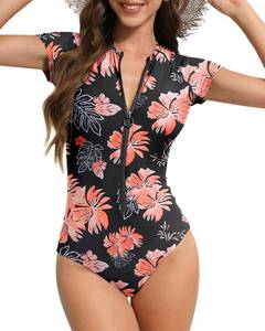 lot 10335 image: Century Star One Piece Swimsuit Women 2025 Teen Girls Modest Rash Guard Swimsuit High Neck Cute Short Sleeve Surfing Athletic Swimwear Full Coverage Zip Bathing Suit Pink Print S