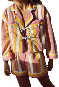 lot 10336 image: Thopavenoir Womens 2 Piece FloralStripe Print Pajamas Sets Long Sleeve Tie Front Shirt  Wide Leg Shorts Outfits Sleepwear (Multicolor, L)