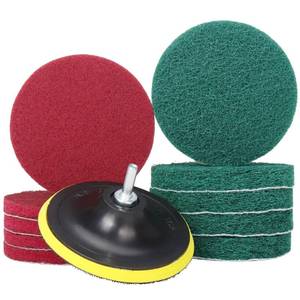 lot 10349 image: 5 Inch Drill Brush Power Scouring Pads - Heavy Duty Tub and Tile Cleaner - Household Cleaning Kit Includes Drill Attachment, 5 Red, 5 Stiff Green Scrubber Pads