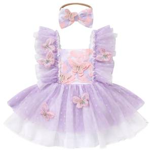 lot 10361 image: FYMNSI Baby First Birthday Outfit Girl Floral Butterfly Birthday Decorations Newborn Princess Lace Ruffle Tulle Romper Tutu Dress and Headband Flutter Sleeve Dresses Cake Smash Purple 6-12M