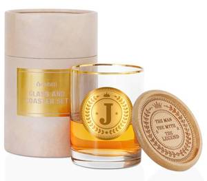 lot 10365 image: Personalized Whiskey Glass with Coaster for Men, Custom Alcohol Gifts for Whiskey Lovers, Unique Birthday, Christmas Gifts for Him, Dad, Uncle, J