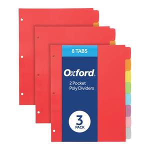 lot 10368 image: Oxford Poly Binder Dividers, 3 Hole Punch Organizers, Assorted Colors, 8 Tab Write and Erase Organizers, Durable Plastic Dividers for 3 Ring Binder, Pack of 3 Index Dividers (89994)