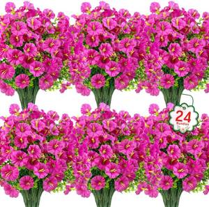 lot 10374 image: Ouddy Decor 24 Bundles Artificial Flowers for Outdoors Decoration Fake Silk Morning Glory Flowers Faux Eucalyptus Plants UV Resistant for Porch Patio Garden Spring Summer Home Decor, Fuchsia