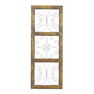 lot 11349 image: DecMode Brown Wood Window Inspired Scroll Wall Decor with Metal Scrollwork Relief