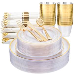 lot 11373 image: WELLIFE 350PCS Clear-Gold Plastic Plates - 100 Disposable Plates, 150Plastic Silverware, 50 Cups, 50 Napkins for Wedding & Party