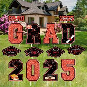 lot 11388 image: Graduation Yard Signs, 14 PCS Congrats Grad Lawn Stakes, Class of 2025 GRAD Yard Signs with Stakes, Graduation Party Decorations for Outdoor School College Party Decor (Red)